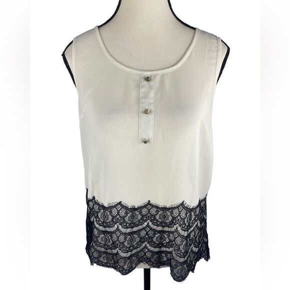 mine Tops - MINE White sheer Sleeveless Top w black lace hem‎ Sz Sfront buttons